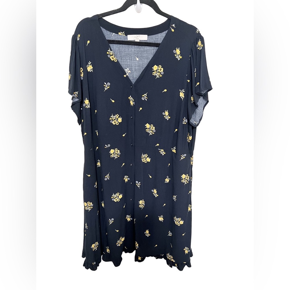 Loft 18 Dress Floral Button Down Ruffle Flutter Sleeve Navy Yellow Plus Women - Picture 2 of 11